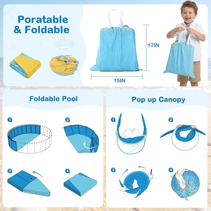 Foldable Kiddie Pool with Canopy, 47IN Portable Hard Plastic Kids Baby Swimming Pool, Sunshade & Non-Slip Beach Tent for Kids Ages 2-6, Outdoor Backyard Graden Water Play