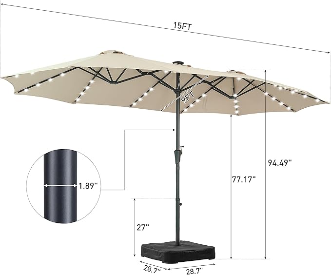 15 ft Patio Umbrella with 48 LED Lights, Large Rectangle Outdoor Solar Umbrella with Matching Base, Strap, Crank, Khaki