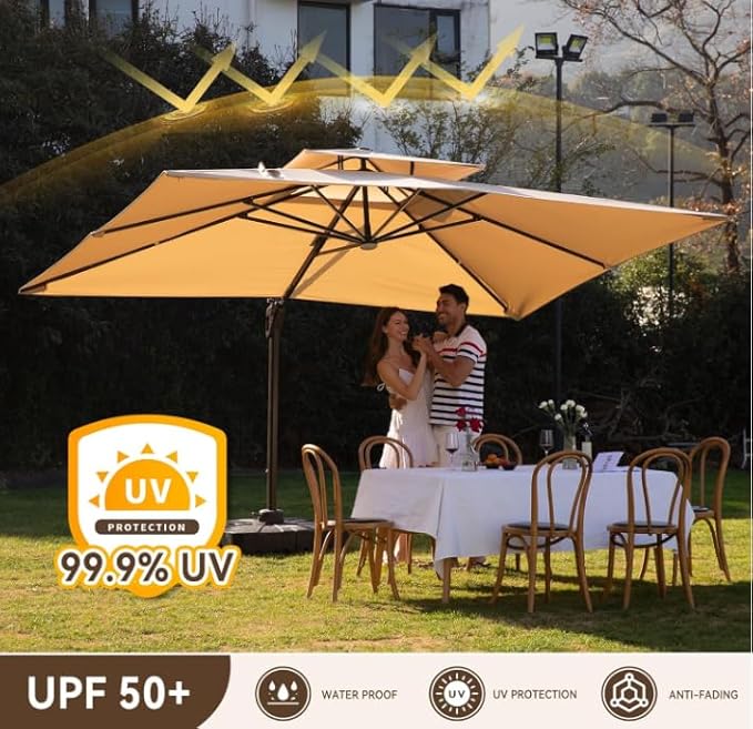 9 X 12 FT Cantilever Outdoor Patio Umbrella with Base Included Large Heavy Duty 360° Rotation Double Top Offset Rectangular Umbrellas with LED Lights for Backyard Outside Deck, Beige