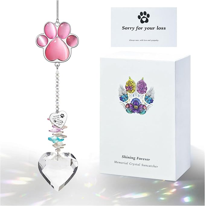 Dog Memorial Gifts, Pet Memorial Suncatcher, Loss of Dog Sympathy Gift | Thoughtful Dogs and Cats Bereavement Remembrance Gifts, Natural Cat's Eye Stone Paw Crystal Suncatcher