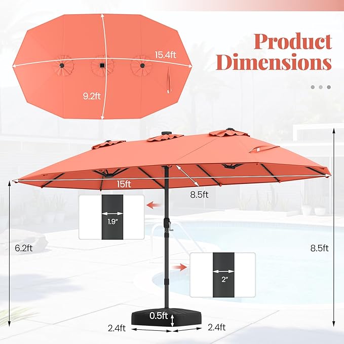 Tangkula 15FT Double-Sided Solar Patio Umbrella, Extra-Large Outdoor Twin Umbrella with 48 LED Lights, Vented Top, Crank Handle, 12 Ribs, Weighted Base Included for Backyard Poolside Deck (Orange)