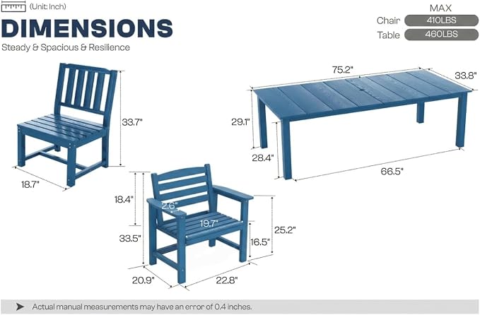 Perli™ 7-Piece Outdoor Dining Set, All-Weather HDPE Patio Table and 6 Chairs with Umbrella Hole, UV-Resistant Composite Wood Dining Furniture for Deck, Backyard, Poolside, Blue