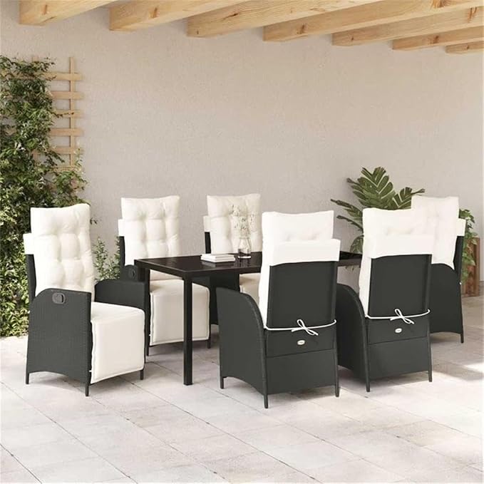 Afuera Living 7 Piece Poly Rattan Patio Dining Set, Black Finish, Cushioned Seats, Adjustable Footrests, Tempered Glass Tabletop, Powder-Coated Steel Frame, Outdoor Garden or Terrace Seating