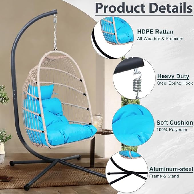 Outdoor Egg Hanging Chair with Stand, Patio Wicker Swing Egg Chair Indoor Swinging Chair Outdoor Hammock Egg Chair Blue