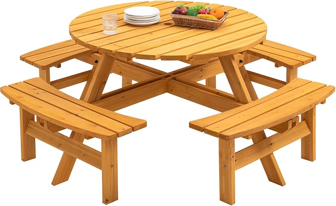 HRVEOCEI 8-Person Round Picnic Table with 4 Built-in Benches & Umbrella Hole, Wooden Picnic Tables for Outdoors, Patio, Backyard, Garden, 70"X70"X27.5'', 2220 lb Capacity (Round, Natural, 8-Person)