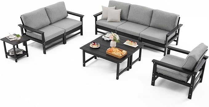 HDPE Outdoor Patio Furniture Set with Cushions, 9 Piece Patio Conversation Set Sofa Set,All Weather Outdoor Couch Set with Coffee Table for Lawn, Garden, Deck