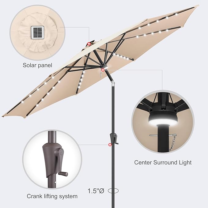 10ft Solar Umbrella Outdoor - Lighted Solar Patio Umbrella with 40 LED Lights Waterproof UV Protection, Table Umbrella with Tilt for Pool, Porch, Garden, Deck, Backyard (Beige)