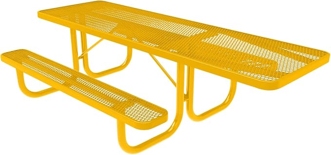 COATEDOUTDOORFURNITURE Heavy-Duty Portable ADA-Compliant Outdoor Picnic Table, Expanded Metal Patio Furniture Made in America (8ft Rectangular, One-Side Handicap, Yellow with Yellow Frames)