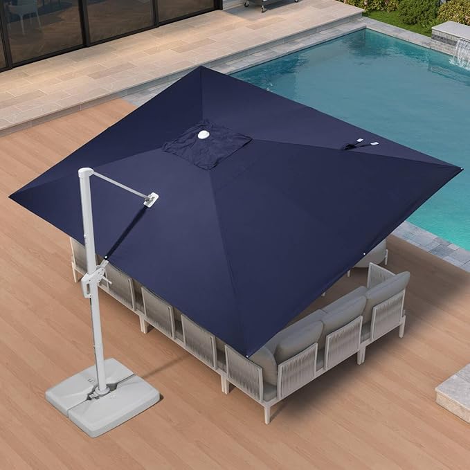 PURPLE LEAF 10' × 13' Patio Umbrella White Cantilever Umbrella Aluminum Square Outdoor Offset Umbrella Hanging Windproof with 360° Rotation for Garden Deck Pool, Navy Blue