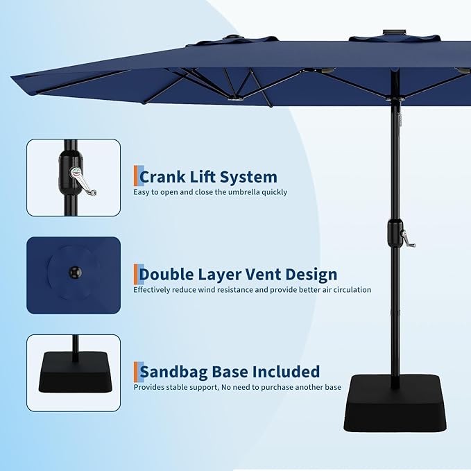 15FT Extra Large Double-Sided Patio Umbrella with Solar LED Lights – Heavy-Duty Rectangular Outdoor Market Umbrella, Fade-Resistant UV Canopy, Included Base for Backyard, Pool, Deck, Garden – Beige/Mist Blue