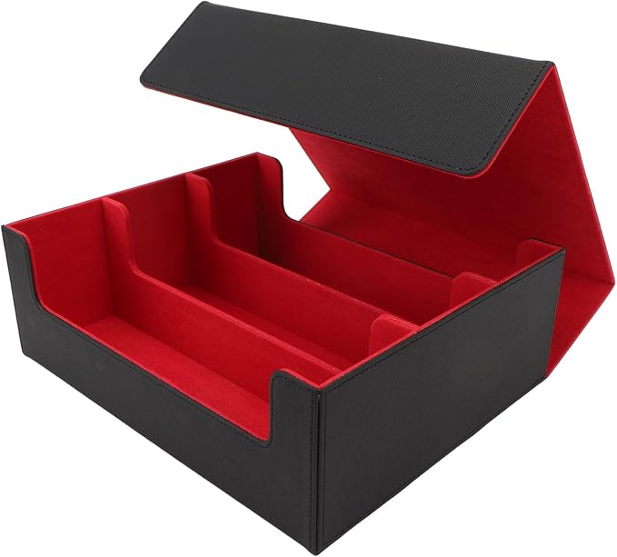 Card Deck Storage Box, Large Capacity Soft PU Leather Magnetic Closure Card Deck Box for Tarot and Game Cards, 3 Rows Design for Easy Sorting (Black with Red Lining)