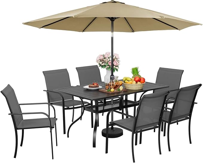 Incbruce 8 Pieces Patio Dining Set with Brown Umbrella, Outdoor Dining Set of 6 Textilene Chairs and Rectangle Table with Umbrella Hole for Backyard, Garden, and Poolside (Grey)