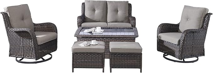 Rilyson Wicker Patio Furniture Set - 6 Piece Rattan Outdoor Sectional Conversation Sets with 2 Swivel Rocking Chairs,2 Ottomans,1 Loveseat and 1 Coffee Table for Porch Deck Garden(Brown/Grey)
