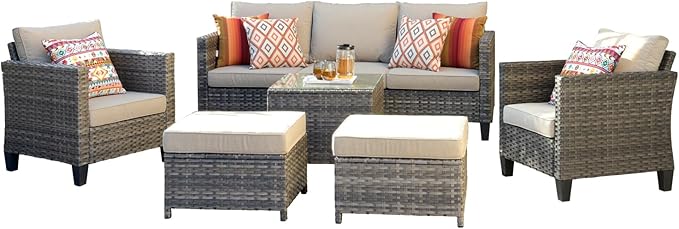 HOOOWOOO 6-Piece Patio Furniture Set–Stylish,Comfortable Outdoor Rattan Sofa Set with 2 Chairs,2 Ottoamns and Coffee Table,Weather-Resistant Patio Conversation Set for Deck,Garden,Balcony (Beige)