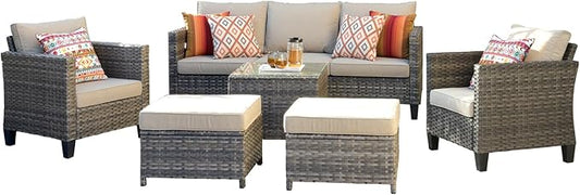 HOOOWOOO 6-Piece Patio Furniture Set–Stylish,Comfortable Outdoor Rattan Sofa Set with 2 Chairs,2 Ottoamns and Coffee Table,Weather-Resistant Patio Conversation Set for Deck,Garden,Balcony (Beige)