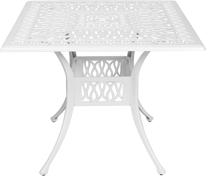 MEETWARM 35.4" Square Patio Dinning Table, Outdoor Cast Aluminum Dinning Large Table with 2.2" Umbrella Hole, White