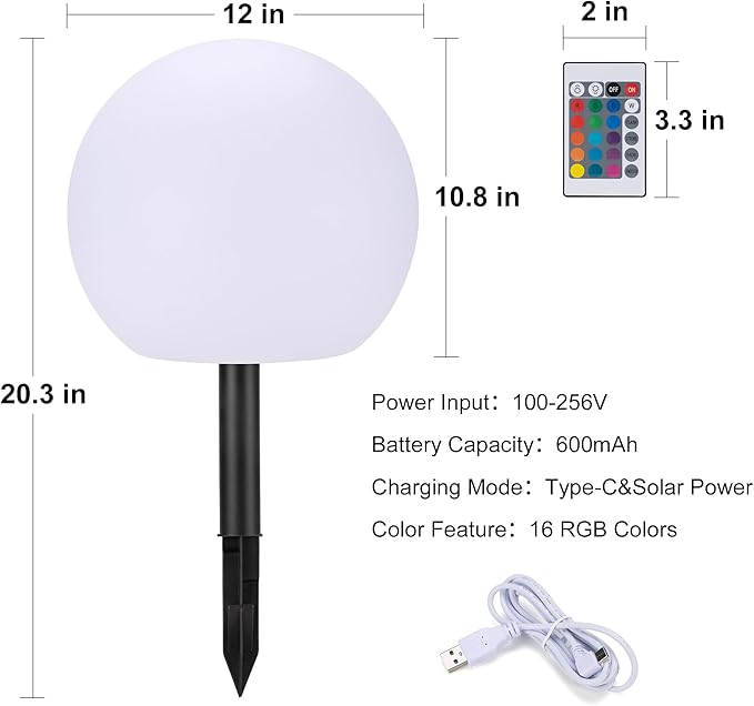 12 Inch Ball Light, Outdoor Glow Globe Light with Remote Control, LED Solar Gazing Ball Night Light 16 Modes RGB Color Changing, Waterproof Solar Globe for Garden Yard Pathway Decor
