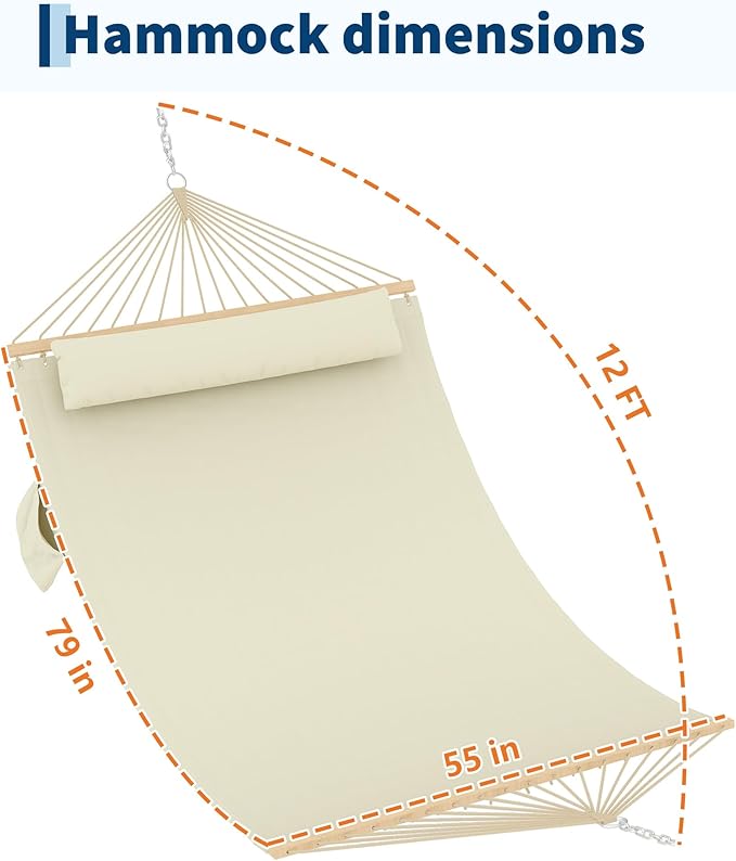 Garvee Double Quilted Fabric Hammock with Hardwood Spreader Bars and Pillow 450 LBS Capacity 2 Person Large Hammock for Outdoor Patio Backyard Poolside（Beige）