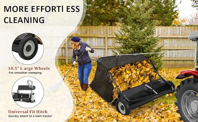 Tow Behind Lawn Sweeper, 48" Pull Behind Collector – Large Capacity Leaf & Grass Collector with Adjustable Height, Dumping Rope Design for Debris and Lawn Clippings