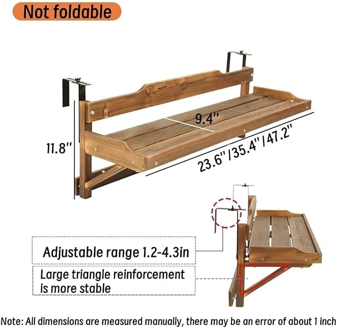 Wood Balcony Railing Table & Hanging Planter Shelf - Balcony Railing Plant Shelf, Balcony Railing Table, Hanging Plant Shelf for Living Room Garden Balcony(47.2 * 9.4in)