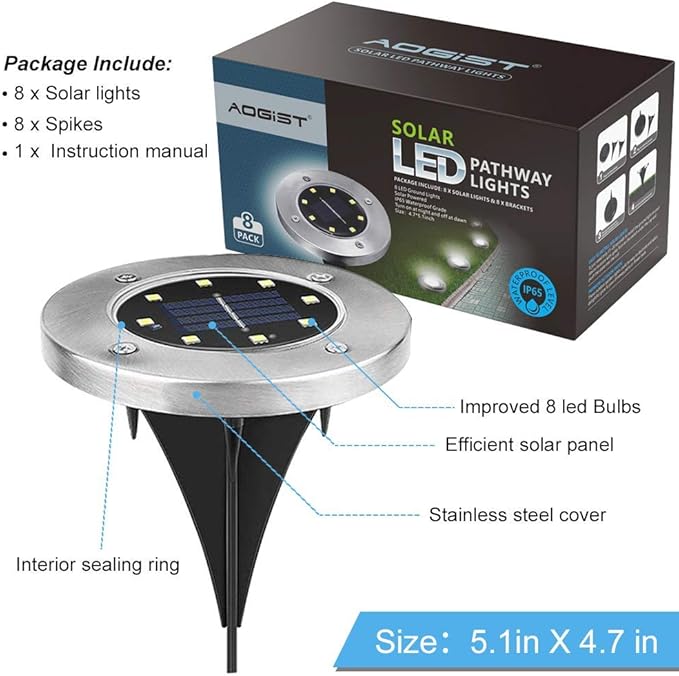 Aogist Outdoor Solar Ground Lights, 8 LED Waterproof Garden Disk Lights In-Ground Landscape Lighting for Lawn Patio Pathway Yard Deck Walkway (White, 8 Pack)