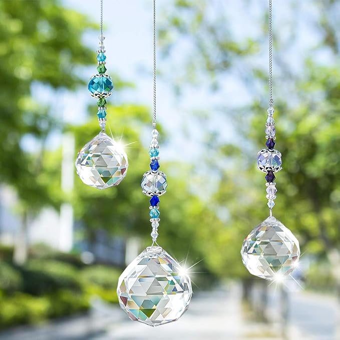 3 Pcs Clear Crystal Ball Prism Suncatcher Rainbow Maker Window Decor | Clear Crystal Ball Prism Suncatcher Rainbow Maker Hanging Pendant Set of 3 for Window Garden Home Office Wedding Party Decor