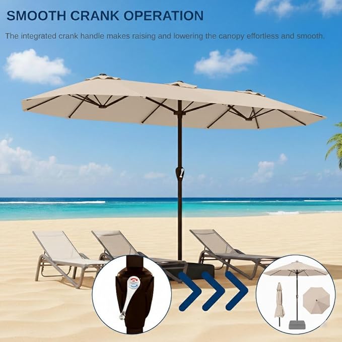 15FT Large Patio Umbrella with Base, Double Sided Rectangular Outdoor Umbrella with Sturdy Fiberglass Ribs, UPF 50+ Sun Protection, Wind-Resistant, Waterproof Fade-Resistant Fabric for Pool, Garden, Backyard, Deck(Beige)