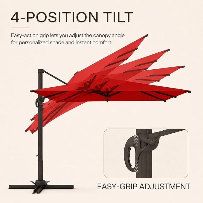 Kingdura 9' X 9' Cantilever Patio Umbrella with Base Included, Large Square Outdoor Offset Umbrella with 360-degree Rotation, 4 Position Tilt, UV Protection for Pool Deck Garden Patio (Red)
