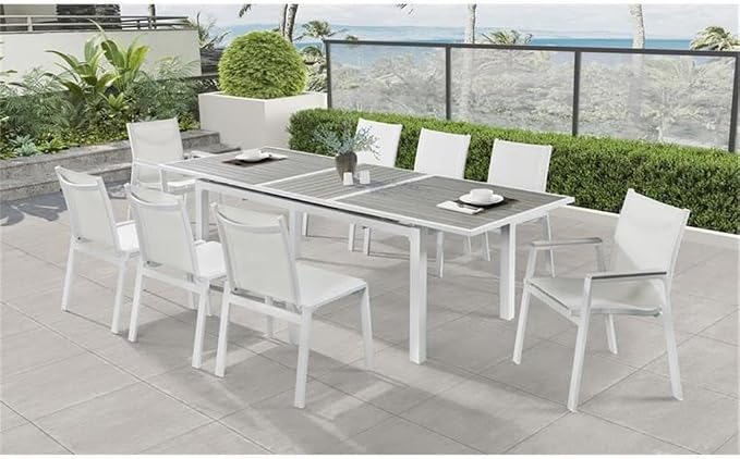 Pemberly Row Outdoor Extendable Patio Dining Table, 100.5" x 39" x 30", Gray Plastic Wood and White Aluminum, Contemporary Design, Includes Attachable Leaf, Ideal for Outdoor Entertaining