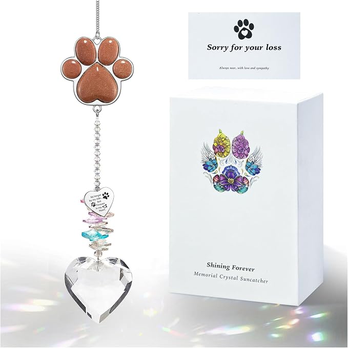 Pet Memorial Suncatcher - Dog Memorial Gifts, Pet Loss Sympathy, Thoughtful Dogs and Cats Condolence Bereavement Remembrance Gifts, Chrysoberyl Cat's Eye Stone Paw Crystal Suncatcher