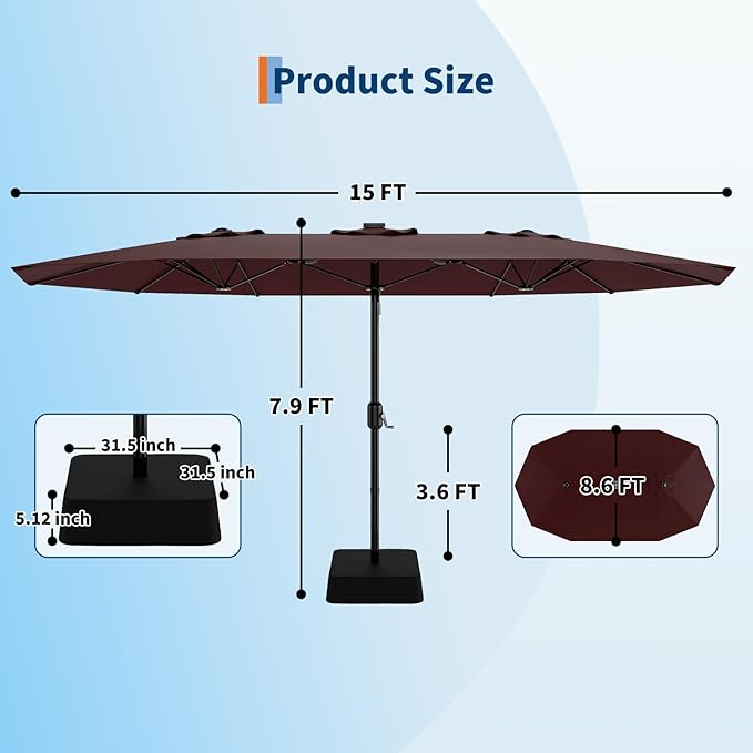 KYBOLT 15 Ft Large Patio Umbrella with Base Included, Outdoor Double-Sided Rectangle Umbrella with Crank Handle, Outdoor Umbrella for Backyard, Pool, Patio,
