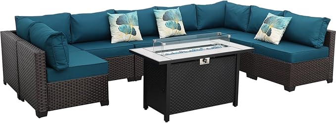 9 Pieces Wicker Patio Furniture Set Outdoor PE Rattan Sectional Conversation Sofa Set with Peacock Blue Cushions and 45 Gas fire Pit Table