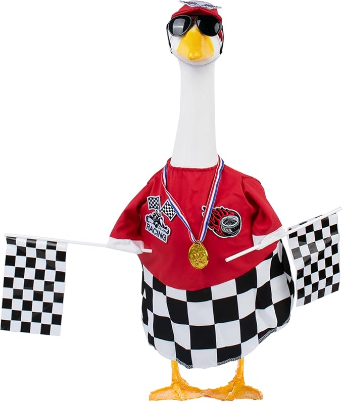 CAMDUCK Porch Goose Racing Outfits Race Car Driver Outfit Costume Racer Checkered Goose Clothes for Cement Lawn Geese