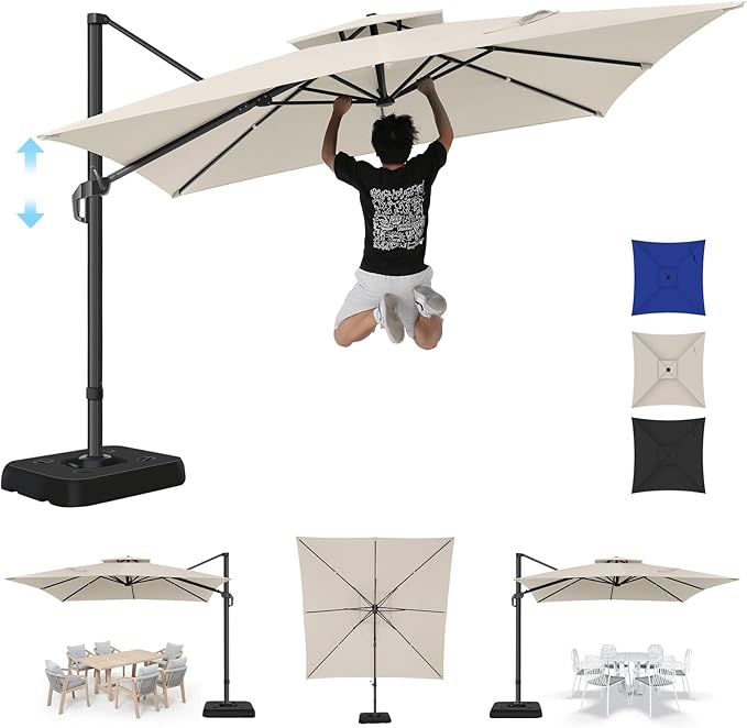 Hoteel 10ft Patio Umbrella Heavy Duty Aluminum Windproof & Shade Provision Outdoor Cantilever Double Top Offset Large Umbrella Height Adjustable with 360°Rotation for Patio Pool Deck Gazebo, Beige