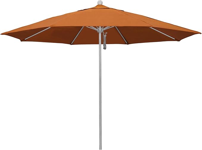 California Umbrella 11Ft Commercial Grade Sunbrella Fabric Market Umbrella, Pulley Lift, Aluminum/Fiberglass, 2mm pole wall, Silver Frame, Tuscan Fabric