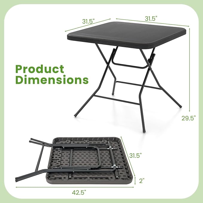 Tangkula 31.5" Square Folding Table, Indoor Outdoor Foldable Plastic Table with HDPE Tabletop, Sturdy Metal Fame, Carrying Handle, 4 Person Picnic Table for Camping BBQ Party