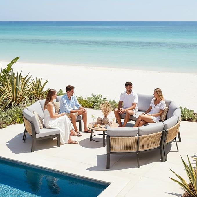 Half Moon Patio Furniture Set, Aluminum Curved Patio Conversation Sets, Luxury Outdoor Sectional Sofa with PE Rope, All-Weather 4 Pcs Outdoor Couch with Modular Coffee Table & Cushions, Gray