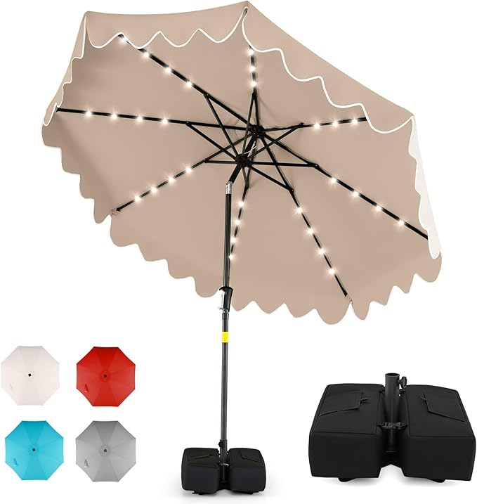 Tangkula 9 FT Solar Patio Umbrella with Base Included, 2-Tiers Outdoor Scalloped Table Umbrella with 32 LED Lights, 2 Sandbags, Tilt Adjustment, Crank, 8 Ribs for Market Backyard Pool Deck Beach Lawn