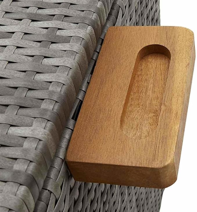 Outdoor Storage Box, Large Weather-Resistant Garden Deck Box with Wheels, Synthetic Poly Rattan and Acacia Wood Container for Patio, Backyard, and Balcony, Light Grey