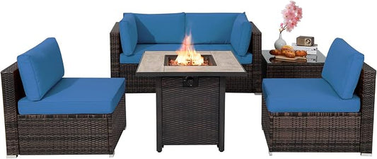 Tangkula 6 Piece Outdoor Rattan Sofa Set with 30in Propane Gas Fire Table, Ceramic Fire Tabletop, 50,000 BTU Heat Output, Cushions & Fire Pit Dust Cover, Patiojoy Weatherproof Wicker Set (Navy Blue)