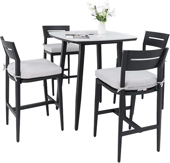 Modern 5-Piece Outdoor Patio Bar Table Set for 4, Small Square Sintered Stone Table with 4 Sunbrella Cushion Bar Chairs, Aluminum Frame and Umbrella Hole, Weather/Heat-Resistant