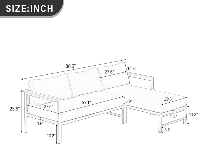 JIVOIT Outdoor L-Shaped Sofa with Iron Frame, Metal Patio Sofa Set with Ultra-Thick Cushions, Comfortable Seating for 3, Ideal for Patio, Balcony and Garden (Gray/35)