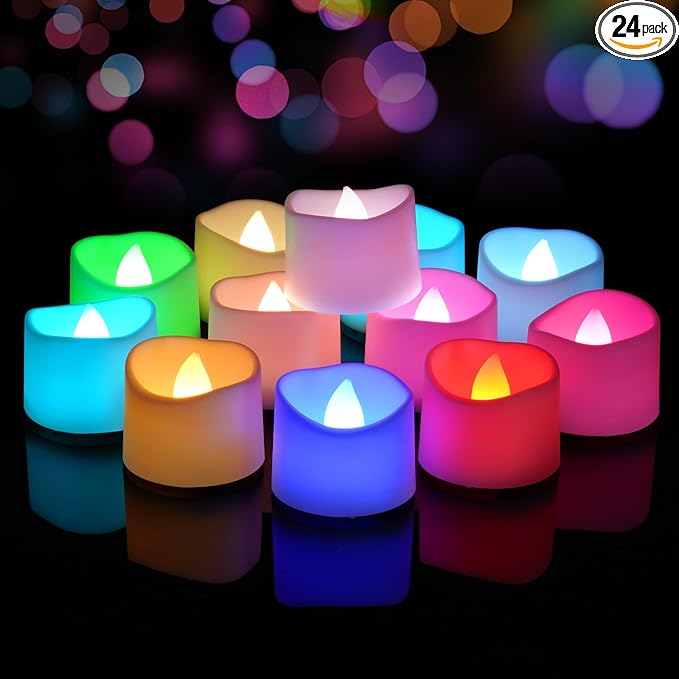 Raycare 24 Pack 7-Color Changing Battery Operated Tea Lights, 200+Hour Electric Flameless Candles, Realistic Votive LED Tea Lights for Wedding Party Halloween Thanksgiving Christmas Decorations