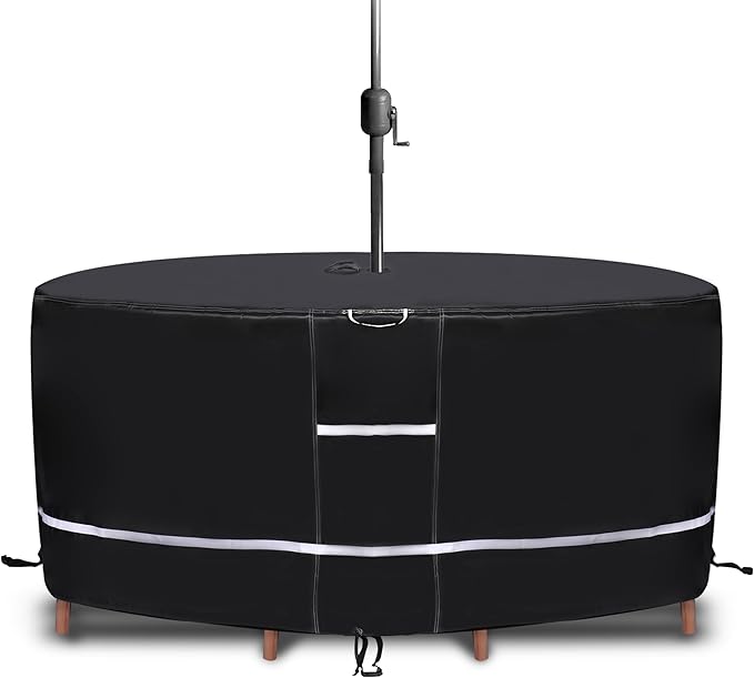 75" Round Patio Table Cover with Umbrella Hole, Waterproof 600D Heavy Duty Outdoor Furniture Cover, UV Resistant Windproof Patio Table and Chair Set Cover, All Weather Round Table Cover