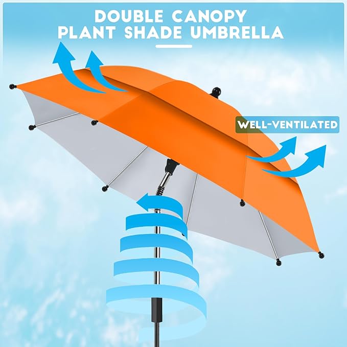 4 Pack 24.9" Double Canopy 47.2" Height Plant Umbrellas for Outdoor Plants, 3D Stakes 360° Adjustable Plant Shades for Outdoor Plants, Garden