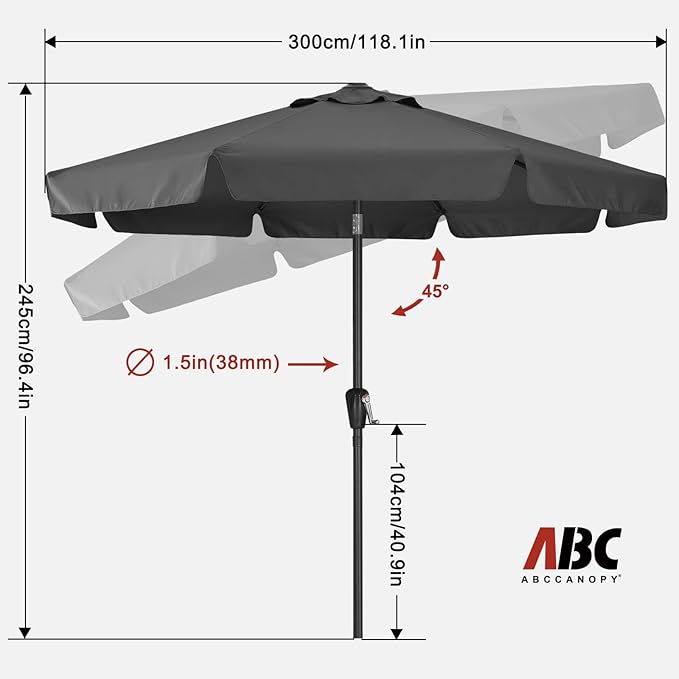 ABCCANOPY 10FT Patio Umbrella Outdoor Garden Table Umbrella Market Umbrella with Tilt Adjustment and Crank Lift System, 8 Ribs,12+Colors,Iron Gray