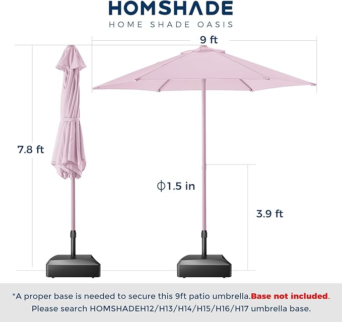 HOMSHADE 7.5ft Outdoor 1S Push-Up Patio Umbrella - Market Table Pool Deck Umbrella UPF50+ UV Protection with 6 Sturdy Ribs for Balcony, Garden, Lawn, Backyard (Light Pink)