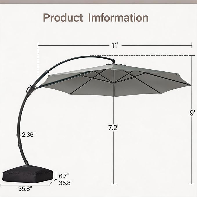 LAUSAINT HOME 11ft Patio Cantilever Umbrella with Base Included, Outdoor Curvy Round Offset Umbrella, Heavy Duty Aluminum, 360° Rotation for Pool, Deck, Lawn, Backyard (Grey)