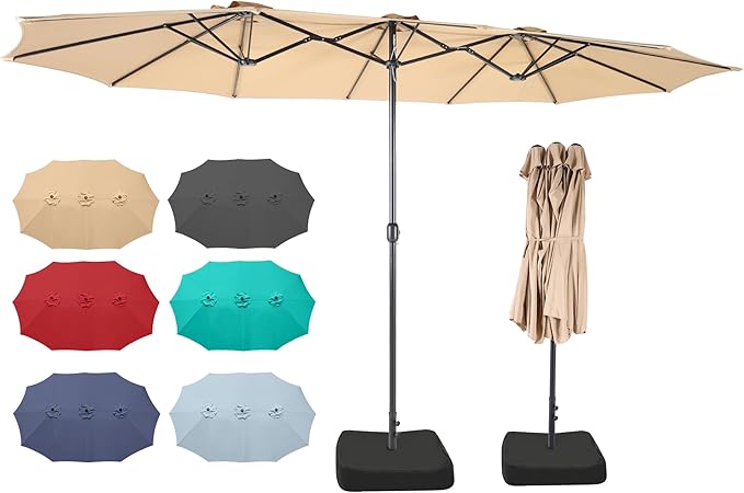 15ft Patio Umbrella with Base, 10-Year-No-Fade Large Outdoor Double-Sided Market Umbrella with UPF50+Terylene Polyester Fabric and Crank for Poolside Garden Deck Backyard Beach Pools