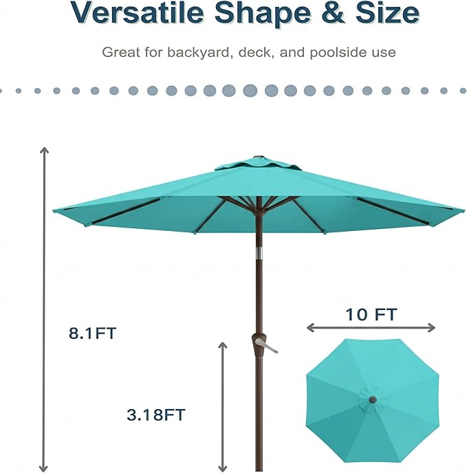 PatioKingdom 10FT Patio Umbrella with Push Button Tilt and Crank, Outdoor Market Umbrella with 8 Fiberglass Ribs, UV Protection Table Umbrella for Pool,Backyard,Garden,Deck